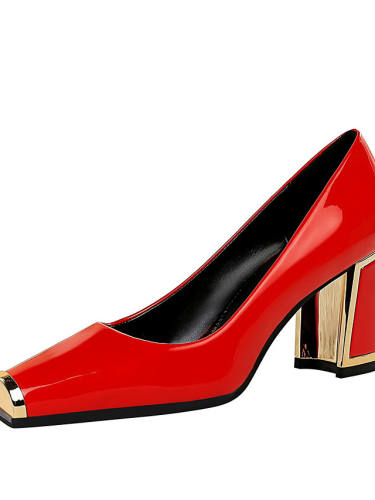Women'S Heels Block Heel Square Toe Casual Daily Walking Shoes Patent Leather Almond Black