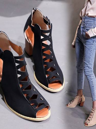 Women'S Heels Pumps Peep Toe British Daily Walking Shoes Pu Lace-Up Solid Colored