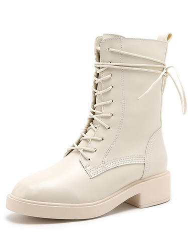 Women'S Boots Block Heel Boots Flat Heel Round Toe Mid Calf Boots British Daily Walking Shoes Pu Lace-Up Solid Colored Black / Silver Black Ivory / Mid-Calf Boots