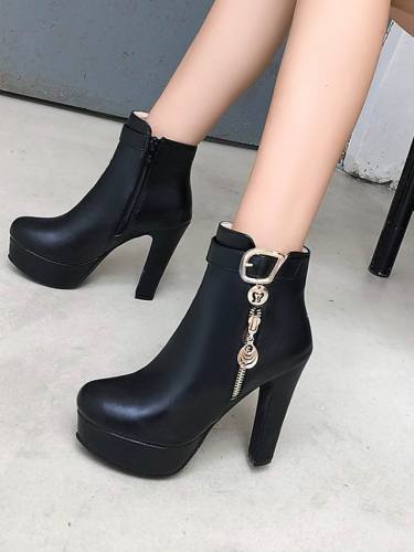 Women'S Boots High Heel Round Toe Booties Ankle Boots Classic Daily Walking Shoes Pu Buckle Solid Colored White Black Yellow / Mid-Calf Boots