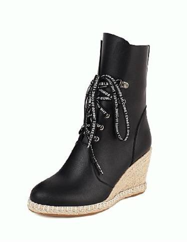 Women'S Boots Wedge Heel Round Toe Mid Calf Boots Minimalism Roman Shoes Daily Party & Evening Pu Lace-Up Solid Colored / Mid-Calf Boots