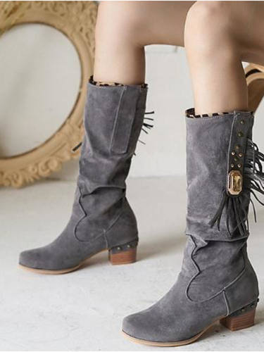 Women'S Boots Block Heel Boots Chunky Heel Open Toe Mid Calf Boots Vintage Daily Pu Tassel Solid Colored Camel Black Khaki
