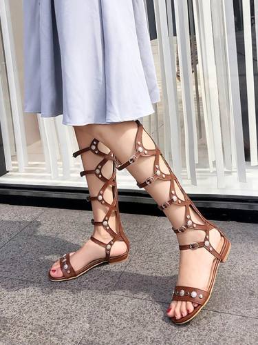 Women'S Sandals Boho Bohemia Beach Roman Shoes Gladiator Sandals Chunky Heel Round Toe Pu Synthetics Black Brown