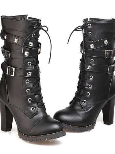 Women'S Boots Chunky Heel Round Toe Daily Walking Shoes Pu Rivet Buckle Lace-Up Solid Colored / Mid-Calf Boots
