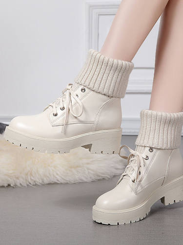 Women'S Boots Chunky Heel Round Toe Casual Daily Walking Shoes Faux Leather Lace-Up Solid Colored Black / Booties / Ankle Boots