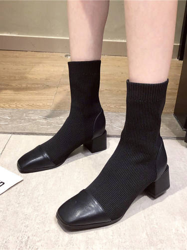Women'S Boots Sock Boots Block Heel Boots Block Heel Square Toe Mid Calf Boots Basic Casual Daily Walking Shoes Knit Solid Colored / Booties / Ankle Boots