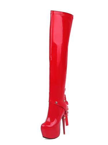Women'S Boots Stiletto Heel Square Toe Over The Knee Boots Sexy Classic Wedding Party & Evening Patent Leather Lace-Up Solid Colored