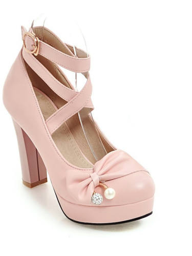 Women'S Heels Chunky Heel Round Toe Sweet Daily Walking Shoes Pu Rhinestone Bowknot Pearl Solid Colored White Black Purple