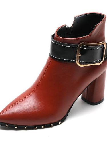 Women'S Boots Chunky Heel Pointed Toe Booties Ankle Boots Daily Walking Shoes Pu Rivet Buckle Color Block / Booties / Ankle Boots