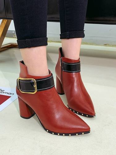 Women'S Boots Chunky Heel Pointed Toe Booties Ankle Boots Daily Walking Shoes Pu Rivet Buckle Color Block / Booties / Ankle Boots