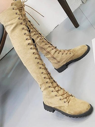Women'S Boots Riding Boots Flat Heel Round Toe Over The Knee Boots Vintage British Daily Faux Suede Lace-Up Solid Colored Black Brown