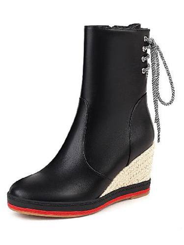 Women'S Boots Wedge Heel Round Toe Mid Calf Boots Minimalism Roman Shoes Daily Party & Evening Pu Lace-Up Solid Colored White Black Khaki / Mid-Calf Boots