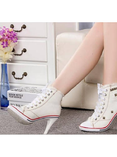 Women'S Heels Pumps Round Toe Casual Daily Walking Shoes Denim Rivet Solid Colored White Black Army Green