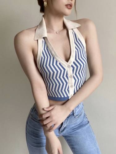 Single-Breasted Striped Halter Tank Top