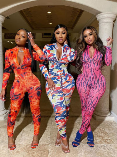 O Neck Front Zipper Printed Skinny Jumpsuit