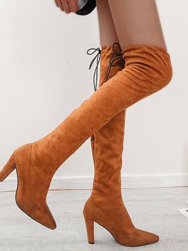 Women'S Boots Pumps Pointed Toe Over The Knee Boots British Daily Walking Shoes Satin Lace-Up Solid Colored