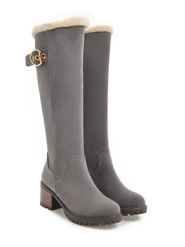 Women'S Boots Block Heel Boots Snow Boots Chunky Heel Round Toe Knee High Boots Casual Sweet Preppy Daily Office & Career Walking Shoes Suede Faux Fur Buckle Solid Colored Winter Camel Black Gray