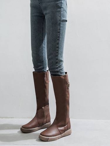Women'S Boots Flat Heel Round Toe Knee High Boots Minimalism Daily Walking Shoes Pu Buckle Solid Colored Dark Brown