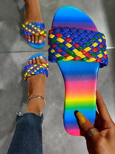 Women'S Sandals Flat Heel Round Toe Pu Color Block Black Red Blue