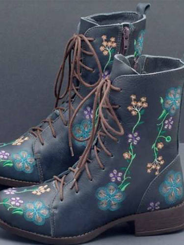 Women'S Boots Block Heel Round Toe Casual Daily Walking Shoes Pu Lace-Up Floral Winter Red Blue Orange / Mid-Calf Boots