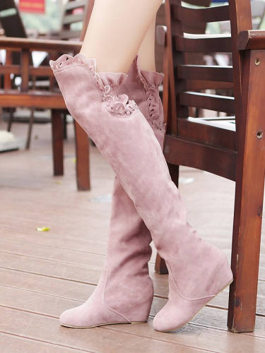 Women'S Boots Wedge Heel Round Toe Over The Knee Boots Casual Basic Daily Walking Shoes Suede Solid Colored