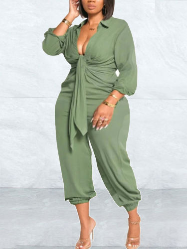 Casual Solid Plus Size Long Sleeve Jumpsuit