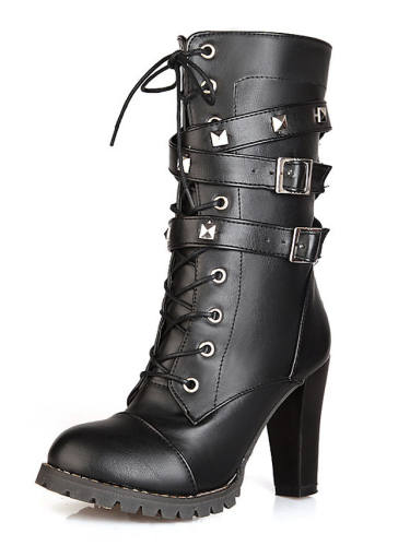 Women'S Boots Chunky Heel Round Toe Daily Walking Shoes Pu Rivet Buckle Lace-Up Solid Colored / Mid-Calf Boots
