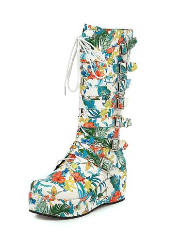 Women'S Boots Wedge Heel Round Toe Mid Calf Boots Vintage Preppy Daily Party & Evening Nylon Pu Buckle Floral / Mid-Calf Boots