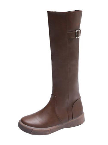 Women'S Boots Flat Heel Round Toe Knee High Boots Minimalism Daily Walking Shoes Pu Buckle Solid Colored Dark Brown