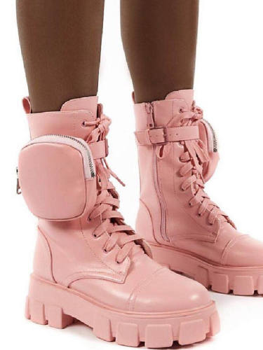 Women'S Boots Chunky Heel Round Toe Booties Ankle Boots Casual Daily Walking Shoes Leather Pu Lace-Up Solid Colored Pink / Grey White Black / Booties / Ankle Boots
