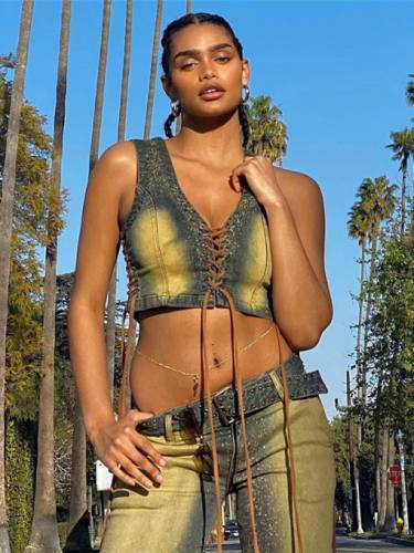 Fashion Tie-Wrap Denim V Neck Tank Top