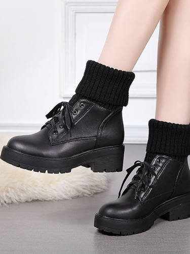 Women'S Boots Chunky Heel Round Toe Casual Daily Walking Shoes Faux Leather Lace-Up Solid Colored Black / Booties / Ankle Boots
