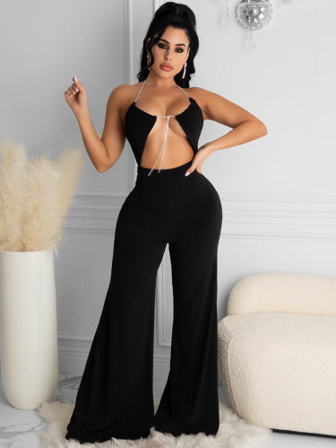 Sexy Plain Black Wide Leg Jumpsuit For Ladies