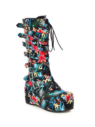 Women'S Boots Wedge Heel Round Toe Mid Calf Boots Vintage Preppy Daily Party & Evening Nylon Pu Buckle Floral / Mid-Calf Boots