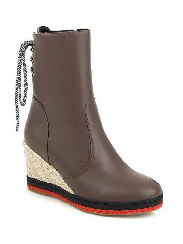 Women'S Boots Wedge Heel Round Toe Mid Calf Boots Minimalism Roman Shoes Daily Party & Evening Pu Lace-Up Solid Colored White Black Khaki / Mid-Calf Boots