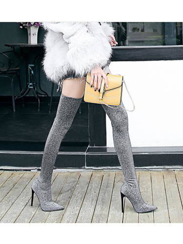 Women'S Boots Stiletto Heel Boots Sock Boots Stiletto Heel Pointed Toe Crotch High Boots Sexy Daily Walking Shoes Pu Sequin Solid Colored Black / Over The Knee Boots