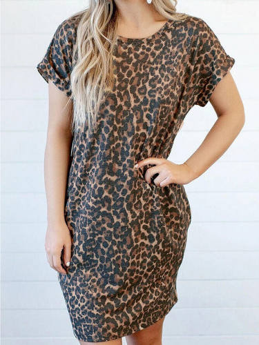 Women'S T Shirt Dress Tee Dress Knee Length Dress Brown Short Sleeve Print Backless Pocket Patchwork Fall Summer Round Neck Elegant Casual Cotton