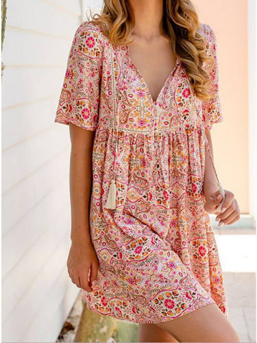 Women'S Shirt Dress Knee Length Dress Purple Yellow Blushing Pink Wine Green Light Green Light Blue Short Sleeve Print Summer V Neck Hot Casual Mumu