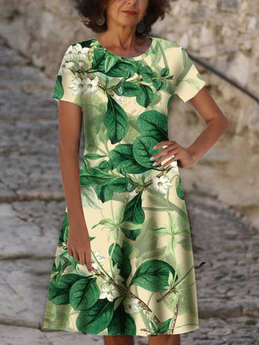 Women'S T Shirt Dress Tee Dress Knee Length Dress Green Short Sleeve Floral Print Print Spring Summer Round Neck Casual