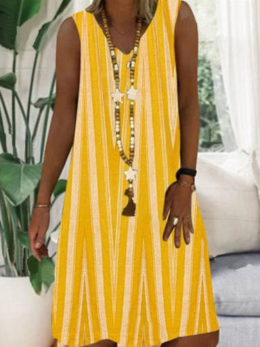 Women'S A Line Dress Knee Length Dress Yellow Orange Khaki Gray Sleeveless Striped Summer V Neck Work