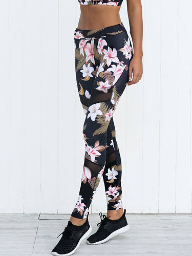 Women'S Sporty Basic Jogger Sweatpants Pants Floral Plants Print Classic Sporty Patchwork Black