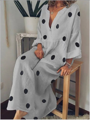 Women'S A Line Dress Maxi Long Dress White Blue Yellow Fuchsia Khaki Gray Long Sleeve Polka Dot Print Fall V Neck Casual