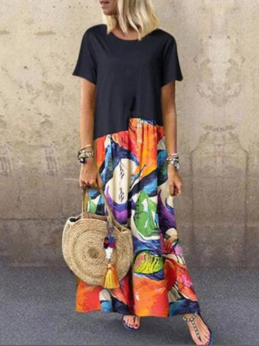 Women'S Kaftan Dress Maxi Long Dress Black Half Sleeve Print Print Summer Round Neck Hot Casual