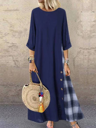 Women'S A Line Dress Maxi Long Dress Green Navy Blue Long Sleeve Print Print Fall Spring Round Neck Casual Cotton Oversized