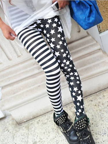 Women'S Stylish Streetwear Comfort Casual Weekend Leggings Pants Stripe Star Ankle-Length Print Black