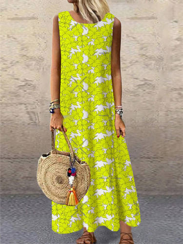 Women'S Shift Dress Maxi Long Dress Yellow Sleeveless Floral Print Print Spring Summer Round Neck Casual