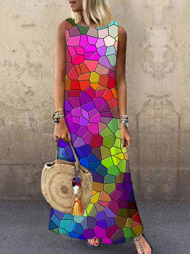 Women'S Shift Dress Maxi Long Dress Rainbow Sleeveless Print Color Block Print Spring Summer Round Neck Casual