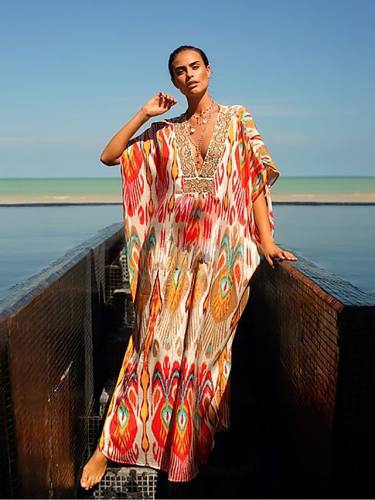 Women'S Sundress Maxi Long Dress Red Half Sleeve Print Print Fall Winter V Neck Casual Boho Vacation Dresses Batwing Sleeve