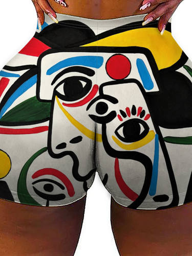Women'S Colorful Fashion Comfort Holiday Beach Leggings Pants Geometric Pattern Color Block Graphic Prints Short Sporty Elastic Waist Print White