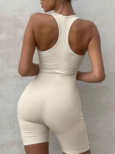 Pure Color U Neck Romper Pants Women